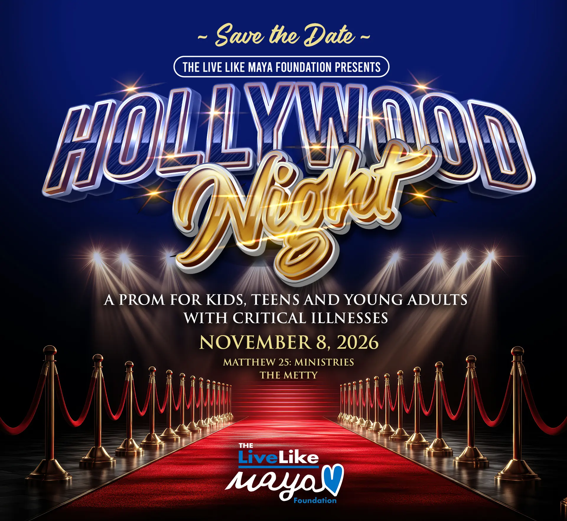 Red carpet leading to Live Like Maya Foundation Prom 2026 event with gold stanchions and elegant lighting